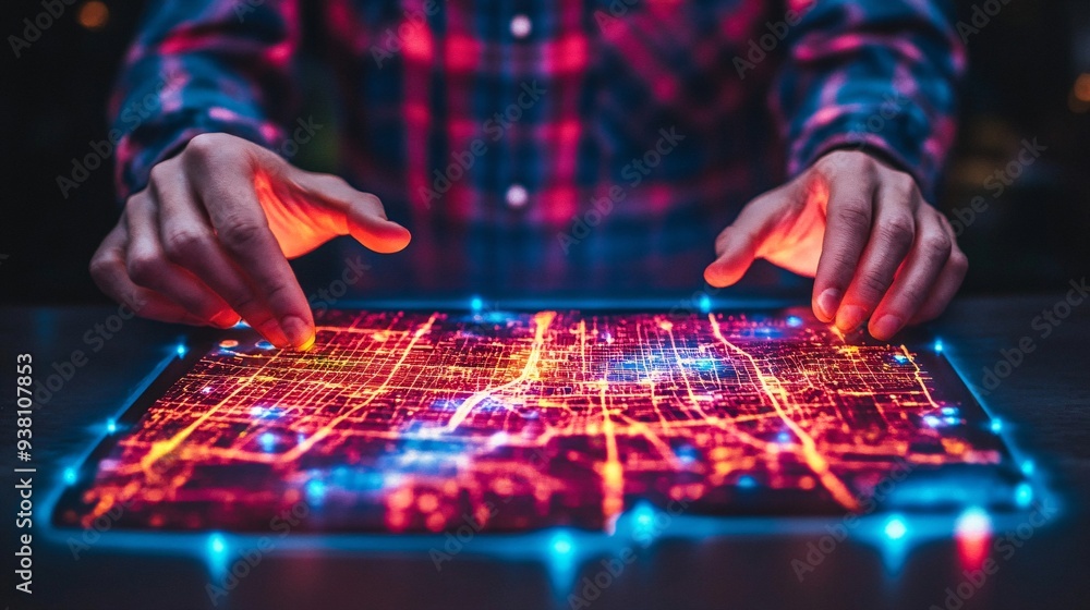 Poster a city planner carefully studies a detailed 3d holographic map of an urban area floating in front of