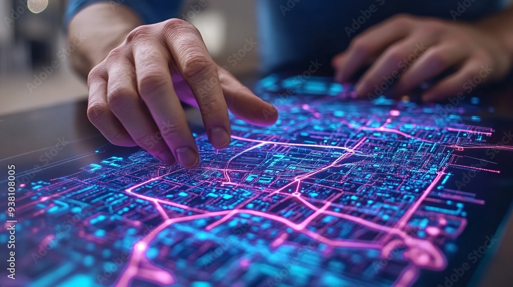 Poster a city planner carefully studies a detailed 3d holographic map of an urban area floating in front of