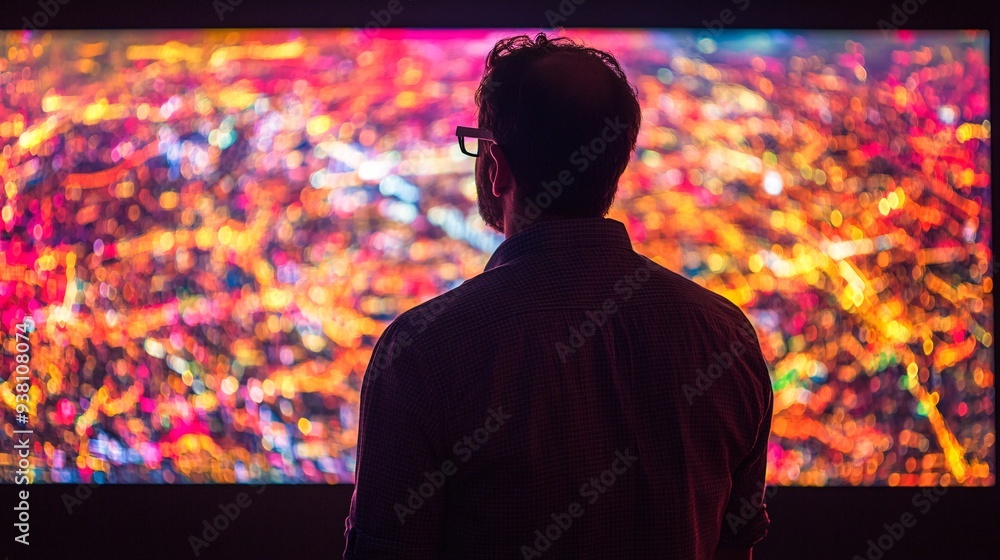 Poster an overhead view of a city planner examining a sprawling 3d holographic map of a metropolitan area h