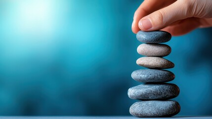 A calming scene of stacked stones with a hand gently placing the top stone on a blurred blue background, symbolizing balance and tranquility.