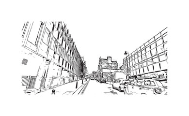 Print Building view with landmark of Stirling is the city in UK. Hand drawn sketch illustration in vector.