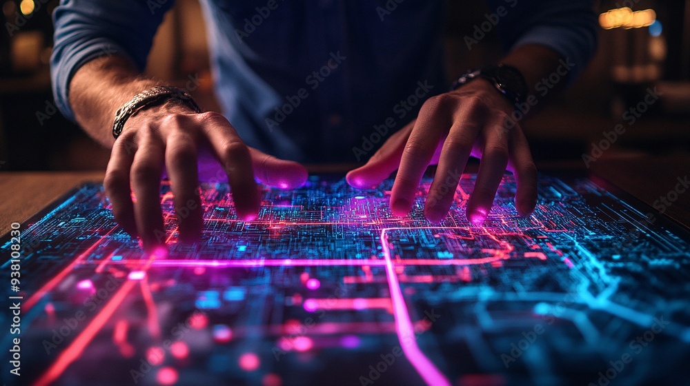Poster A close-up of a city planner interacting with a 3D holographic map that displays traffic patterns and zoning areas emphasizing the detailed spatial awareness that holographic technology provides