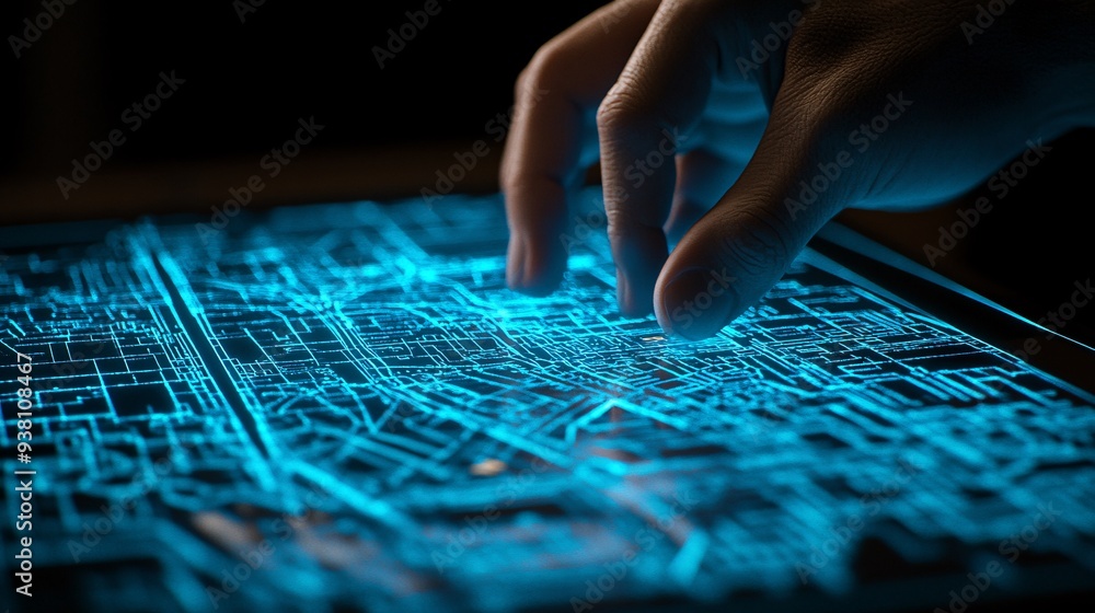 Poster A side view of a city planner adjusting a 3D holographic map of a citys downtown area highlighting the precision and foresight involved in planning urban spaces using advanced technology Stock Photo