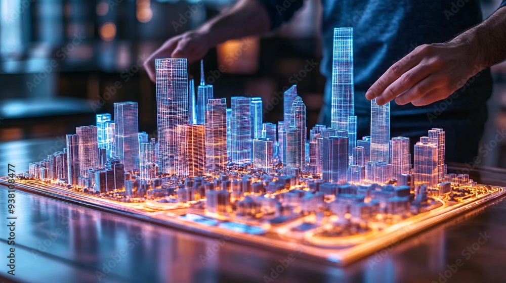 Poster A side view of a city planner adjusting a 3D holographic map of a citys downtown area highlighting the precision and foresight involved in planning urban spaces using advanced technology Stock Photo