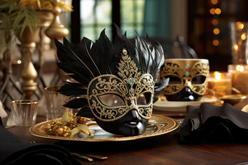 Elegant Black and Gold Masquerade Mask on Table Setting