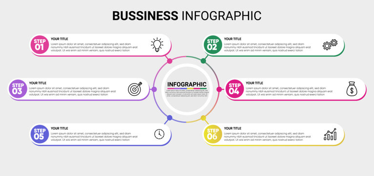 6 steps infographic process. Step by step 1 to 6 step colorful vector editable infographic