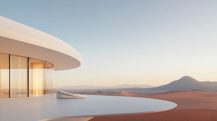 White luxury modern villa with beautiful desert view, minimalist curve line design, scene for car presentation