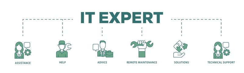 IT Expert icon infographic illustration concept with icon of assistance, help, advice, remote maintenance, solutions and technical support icon png and easy to edit 