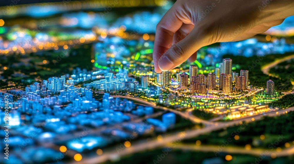 Poster a city planner points to a specific area on a 3d holographic city map that displays both existing st
