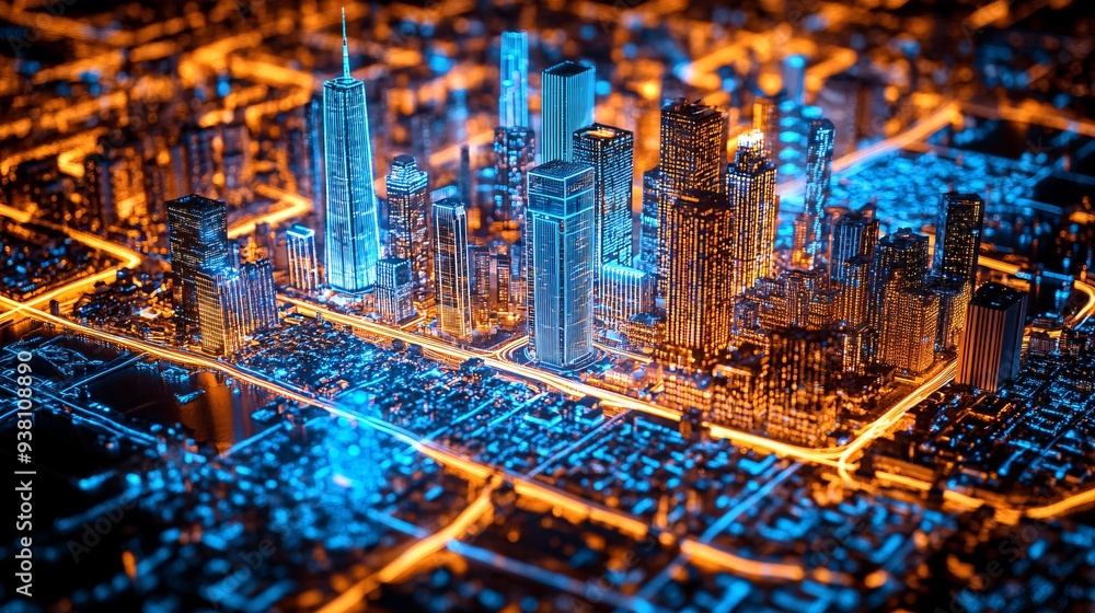 Poster A city planner analyzes a 3D holographic model of an entire metropolitan area that includes transportation networks and green spaces highlighting the comprehensive planning capabilities offered by