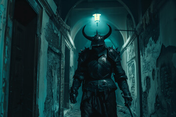 Fototapeta premium Haunted Armor in Dark Hallway of Abandoned Haunted House