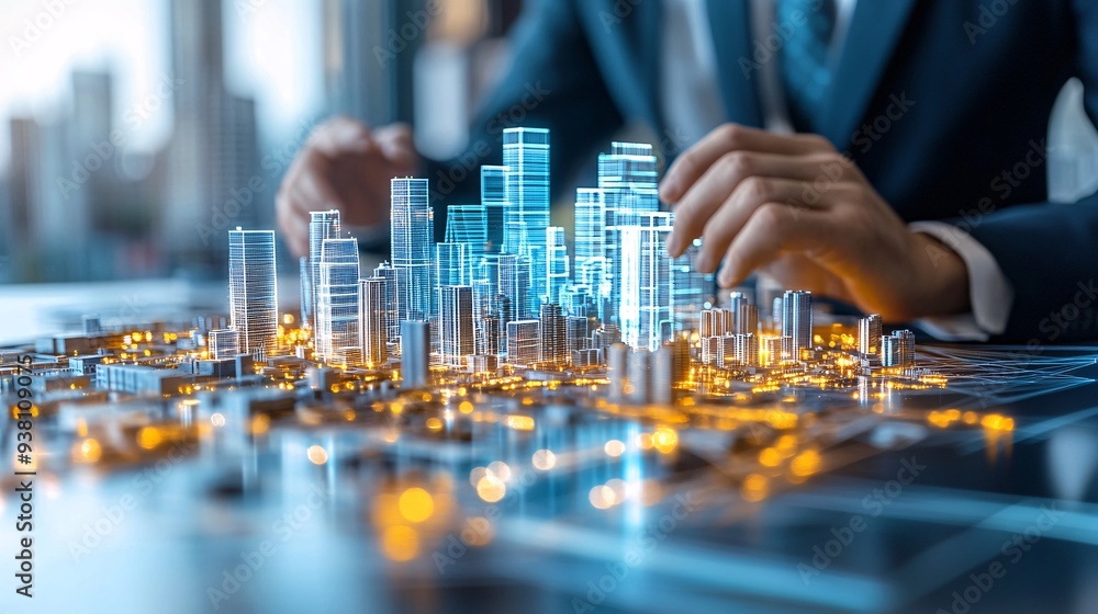Aufkleber Architects and engineers intensely discussing a 3D holographic model of an urban development project highlighting the integration of expertise and innovative technology in their collaborative efforts