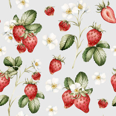 Strawberry, ripe berries with flowers and leaves. Watercolor illustration, floral seamless pattern on blue background