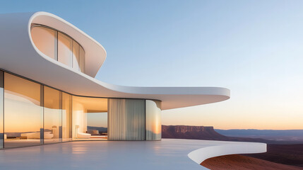 White luxury modern villa with beautiful desert view, minimalist curve line design, scene for car presentation