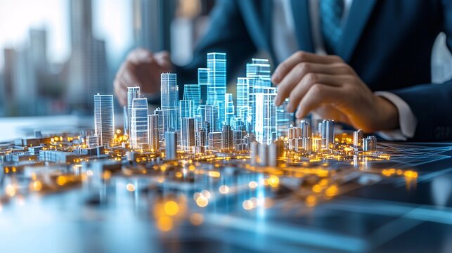 Architects and engineers intensely discussing a 3D holographic model of an urban development project highlighting the integration of expertise and innovative technology in their collaborative efforts