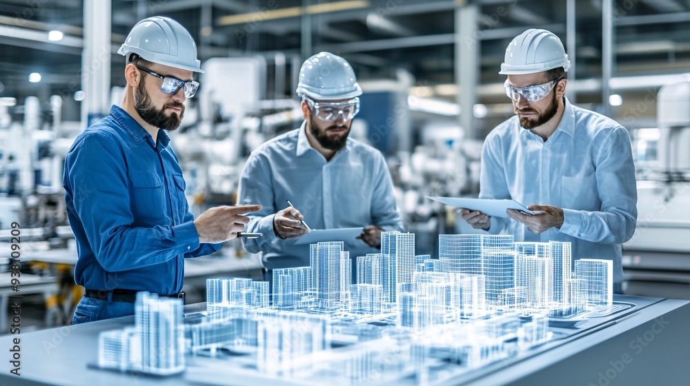 Poster Architects and engineers intensely discussing a 3D holographic model of an urban development project highlighting the integration of expertise and innovative technology in their collaborative efforts