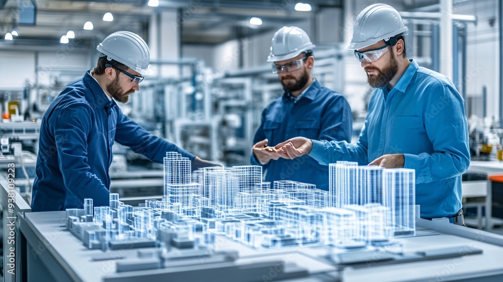 Poster Architects and engineers intensely discussing a 3D holographic model of an urban development project highlighting the integration of expertise and innovative technology in their collaborative efforts