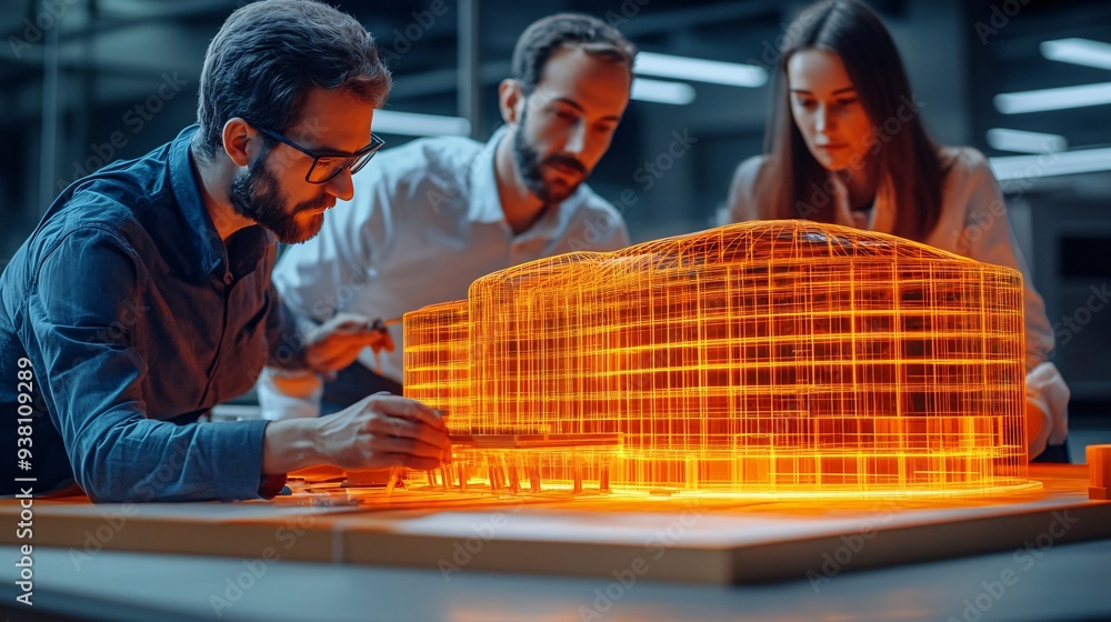 Aufkleber A group of design professionals examining a detailed 3D holographic model of a futuristic building where each member contributes their insights demonstrating the power of teamwork in the design