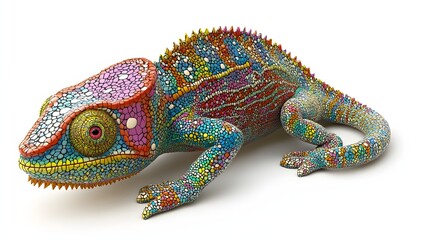 94. **A 3D render of a ceramic tile art depicting a vibrant chameleon with intricate tile patterns, isolated on a white background