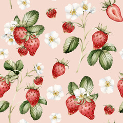 Strawberry, ripe berries with flowers. Watercolor illustration, floral seamless pattern on peach pink background