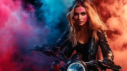 A sexy biker with colored powder