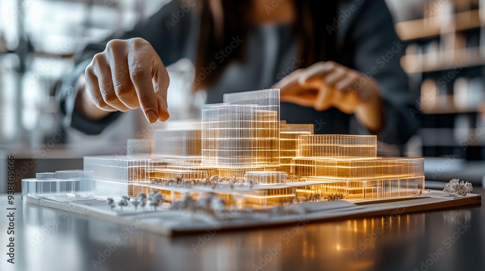 Aufkleber A close-up of hands pointing to specific sections of a 3D holographic architectural model during a design meeting highlighting the detailed and collaborative approach to large-scale projects Stock
