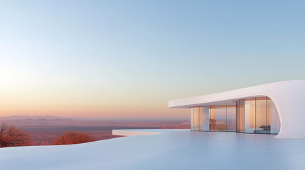 Fototapeta premium White luxury modern villa with beautiful desert view, minimalist curve line design, scene for car presentation
