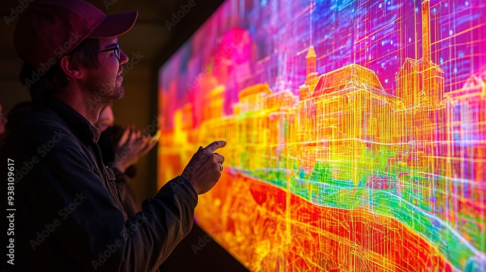 Poster An architect and engineer engaging in a deep discussion over a 3D holographic model of an infrastructure project with visual details projected in the air demonstrating the integration of ideas Stock