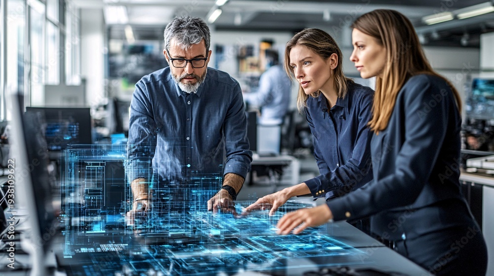 Poster A collaborative design session where architects and engineers are reviewing and modifying a 3D holographic blueprint of a large-scale development project highlighting the dynamic exchange of ideas