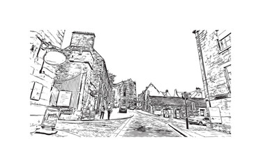 Print Building view with landmark of Stirling is the city in UK. Hand drawn sketch illustration in vector.