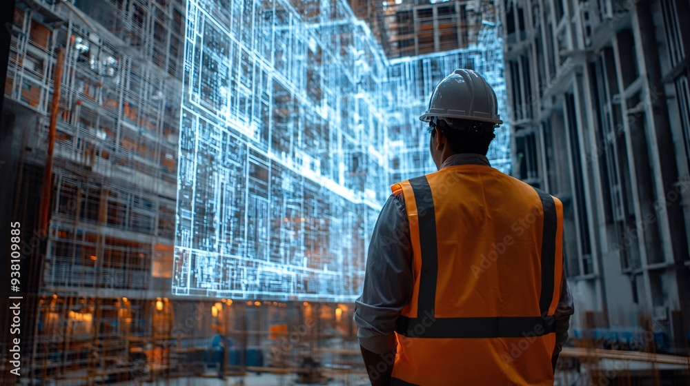 Poster An engineer standing on a construction site reviewing a 3D holographic overlay of the buildings structure aligning the digital blueprint with the physical environment to ensure design accuracy Stock