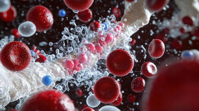 Microscopic view of bone marrow showing stem cells and developing blood cells
