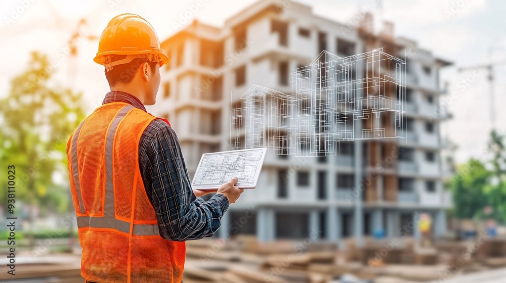 Poster An engineer standing on a construction site reviewing a 3D holographic overlay of the buildings structure aligning the digital blueprint with the physical environment to ensure design accuracy Stock