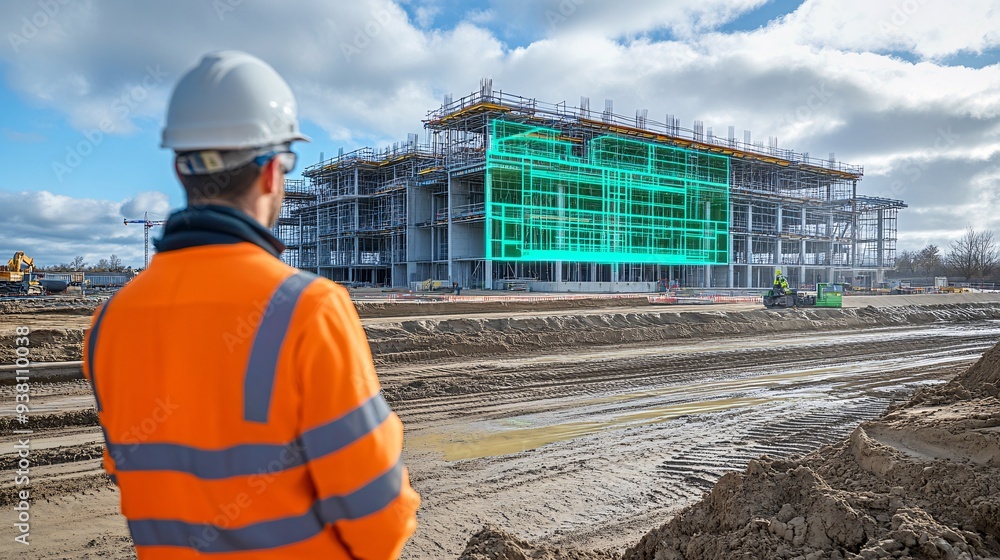Poster An engineer standing on a construction site reviewing a 3D holographic overlay of the buildings structure aligning the digital blueprint with the physical environment to ensure design accuracy Stock