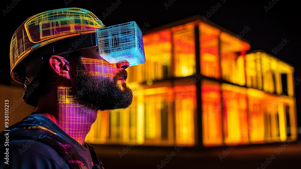 Aufkleber An architect on-site examining a 3D hologram of the completed building overlaid on the construction area ensuring that the project is progressing according to the digital plans Stock Photo with copy