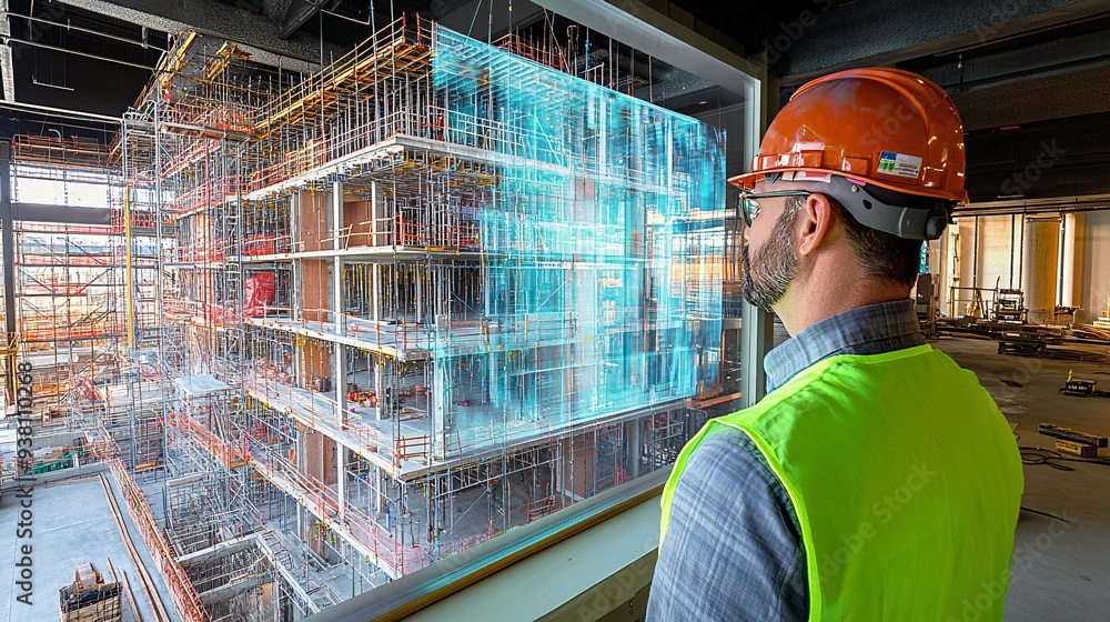 Poster An architect on-site examining a 3D hologram of the completed building overlaid on the construction area ensuring that the project is progressing according to the digital plans Stock Photo with copy