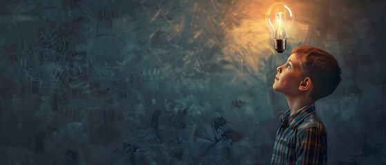 Fototapeta premium A young boy looks up at a glowing lightbulb with curiosity and wonder, symbolizing imagination and discovery in a dim setting.