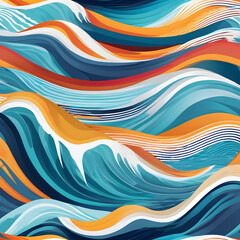 Colorful ocean waves flowing under a vibrant sunset sky in an abstract style