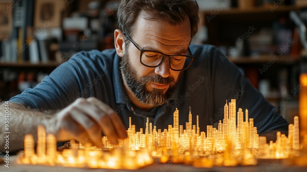 Poster An on-site engineer comparing a 3D holographic model with the actual construction ensuring that every element matches the digital design and making adjustments as needed Stock Photo with copy space