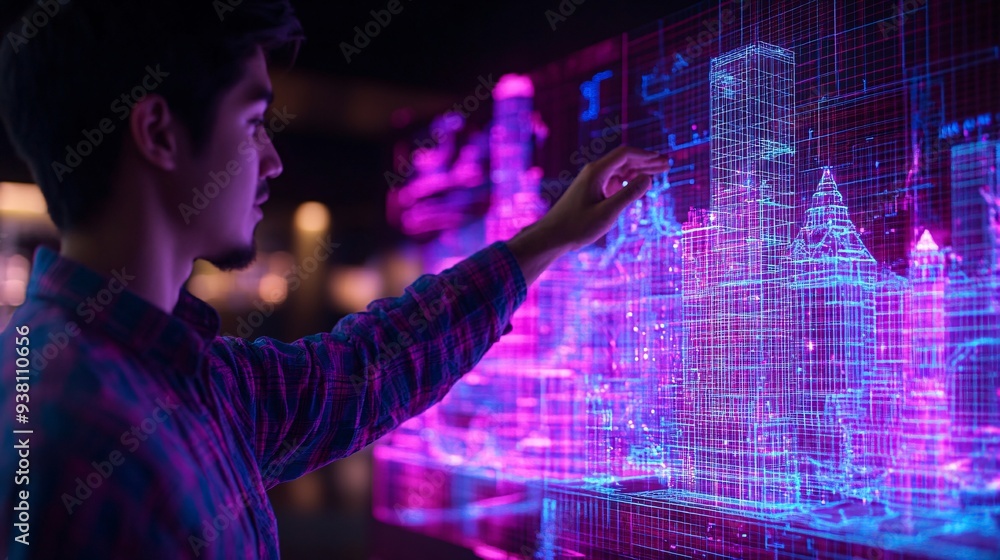 Fototapete An on-site engineer comparing a 3D holographic model with the actual construction ensuring that every element matches the digital design and making adjustments as needed Stock Photo with copy space