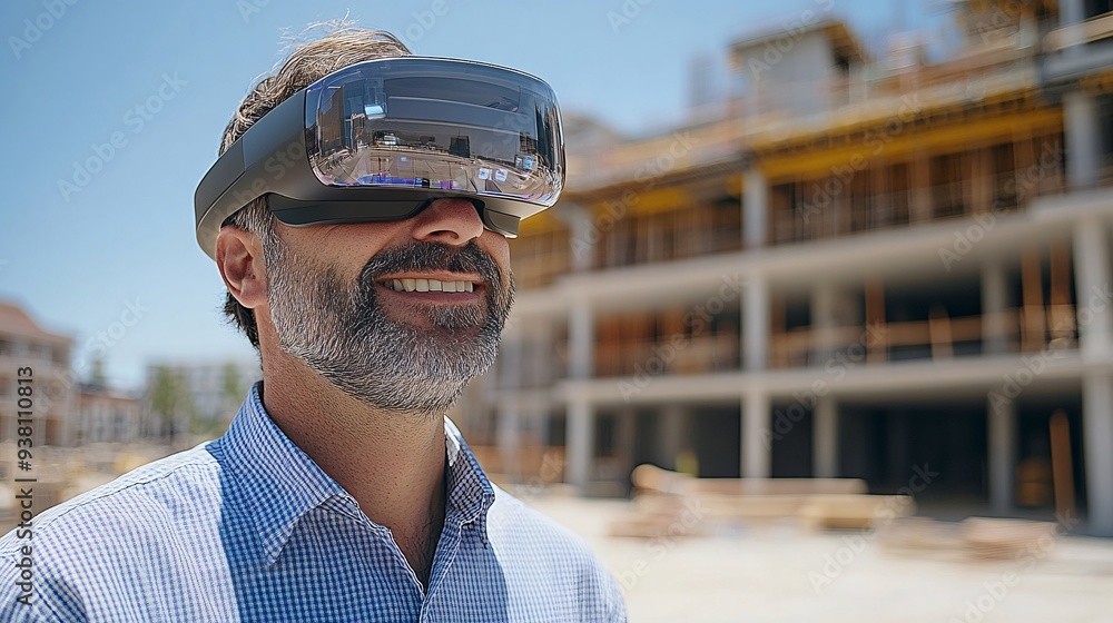 Poster An architect wearing augmented reality glasses on a construction site viewing a 3D holographic overlay of the project confirming that the physical build aligns perfectly with the digital model Stock
