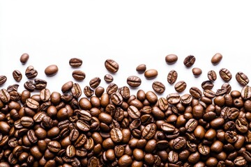 Obraz premium Fresh coffee beans scattered on white background