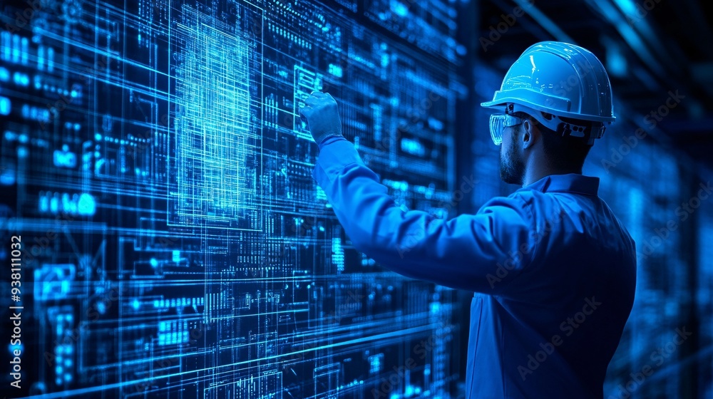 Aufkleber A detailed view of an engineer interacting with a 3D holographic projection of a building directly on the construction site ensuring precision and adherence to the design blueprint Stock Photo with
