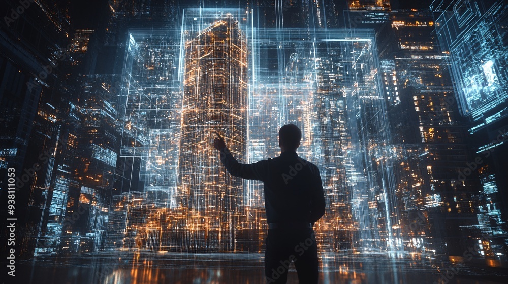 Poster A detailed view of an engineer interacting with a 3D holographic projection of a building directly on the construction site ensuring precision and adherence to the design blueprint Stock Photo with