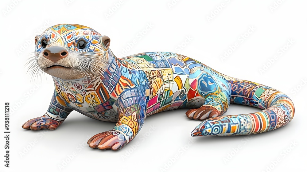 Poster 99. **a detailed 3d render of a ceramic tile art featuring a playful otter with colorful tilework an