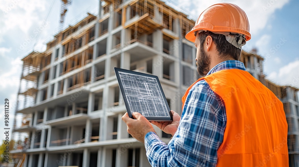 Poster A construction professional using a handheld device to project a 3D hologram of the completed structure over the ongoing construction site checking for any deviations from the planned design Stock