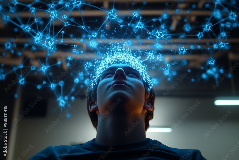 Poster man experiencing a digital neural network visualization highlighting the intersection of human cogni