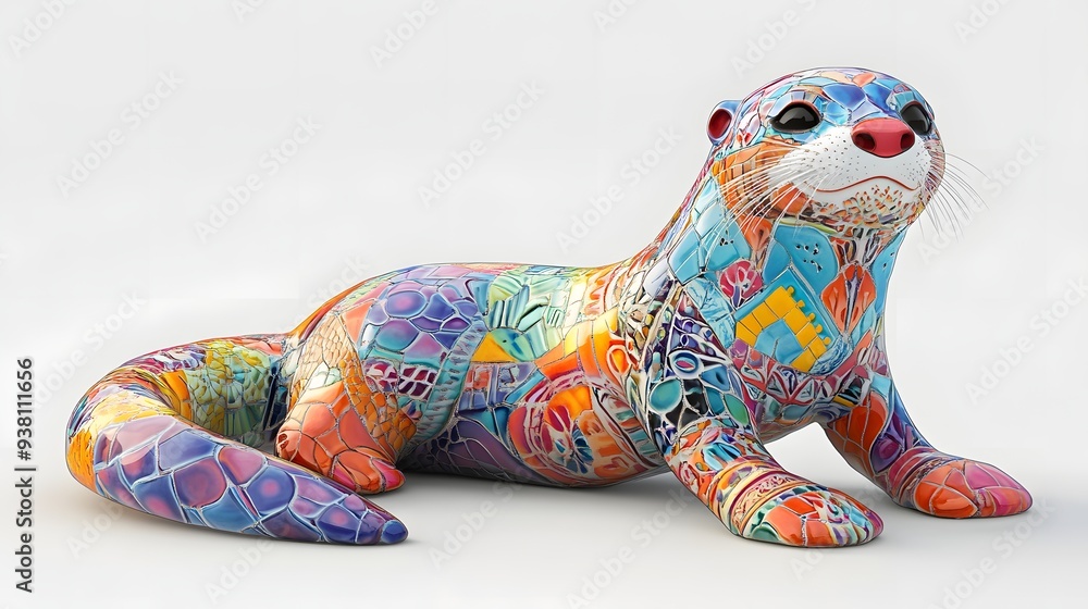 Aufkleber 99. **a detailed 3d render of a ceramic tile art featuring a playful otter with colorful tilework an