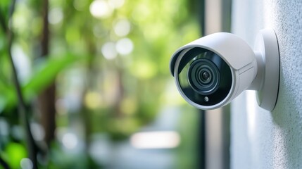 White smart home security camera mounted on the exterior wall of a modern house with a garden, close-up shot. No people