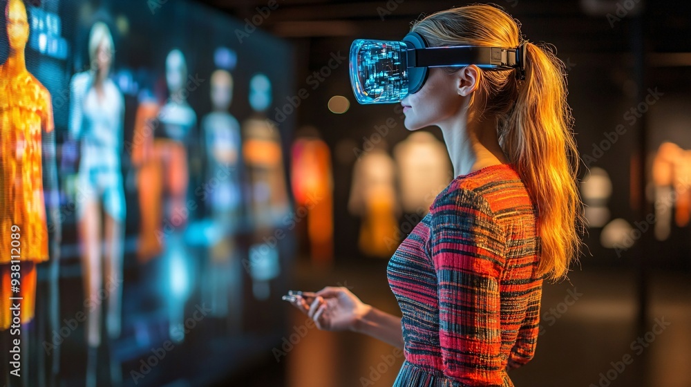 Poster A fashion designer showcasing a 3D holographic collection to clients in a virtual showroom where garments are displayed in life-size holograms allowing clients to view designs from all angles Stock